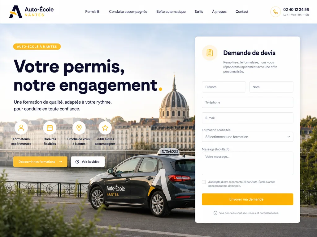 Exemple de landing page pour une auto-école avec formulaire de devis