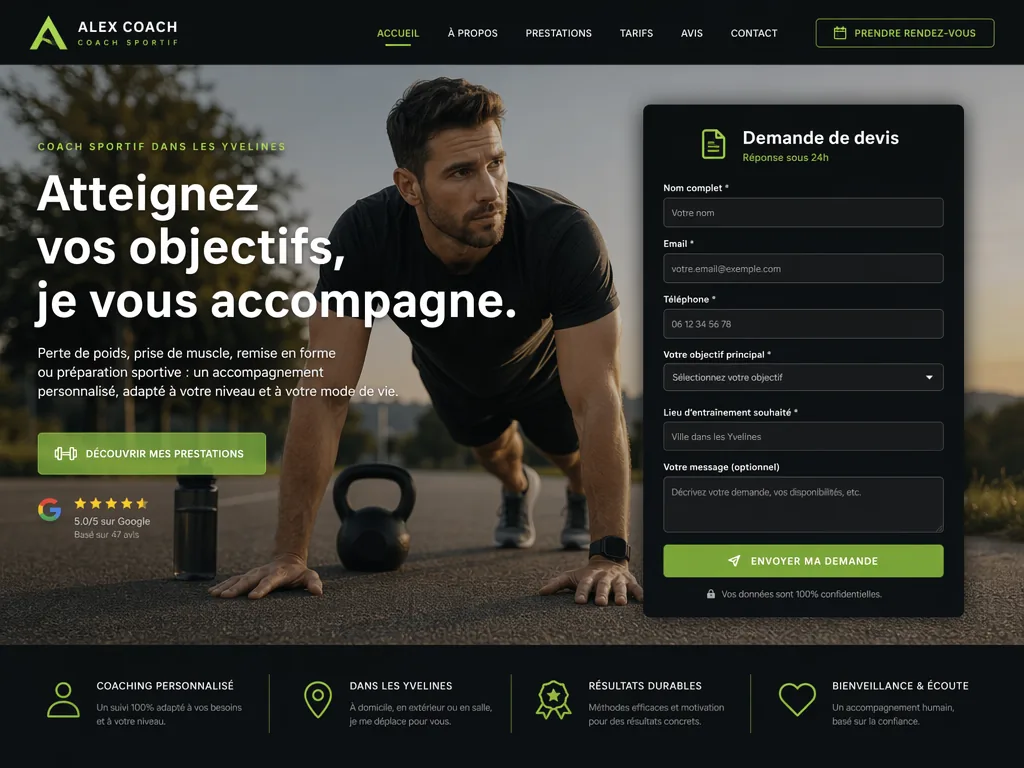 Exemple de landing page pour un coach sportif, ambiance sombre et dynamique