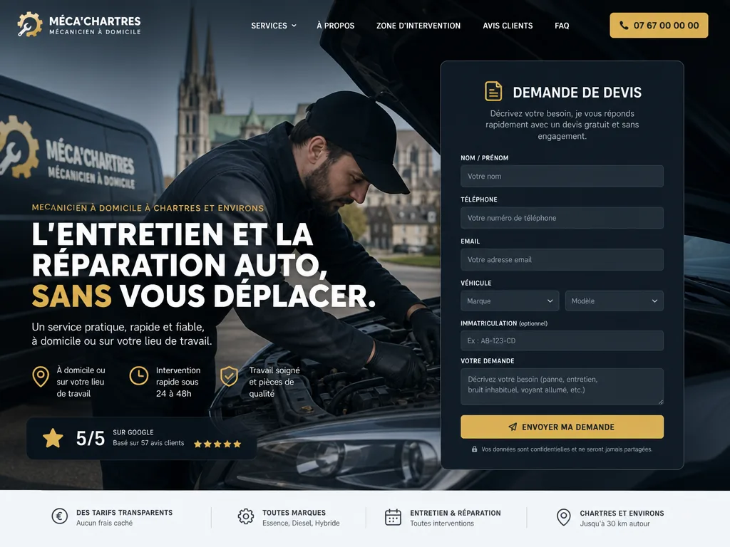 Exemple de landing page pour un mécanicien à domicile