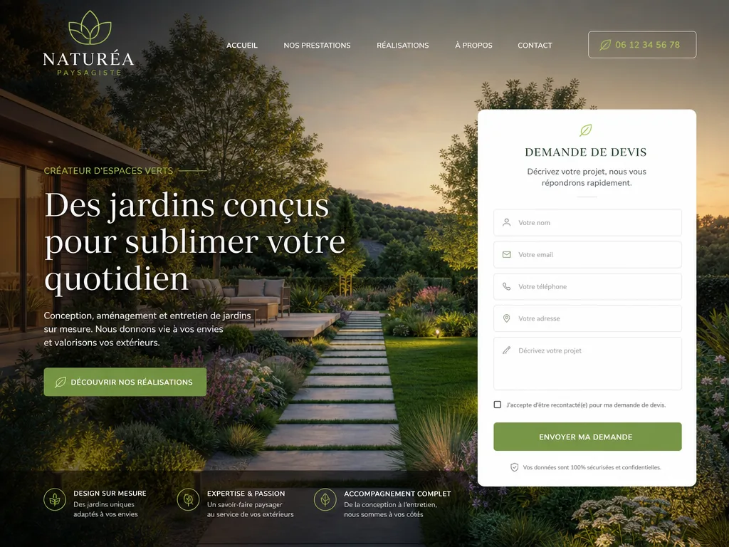 Exemple de landing page pour un paysagiste, ambiance jardin avec formulaire de devis