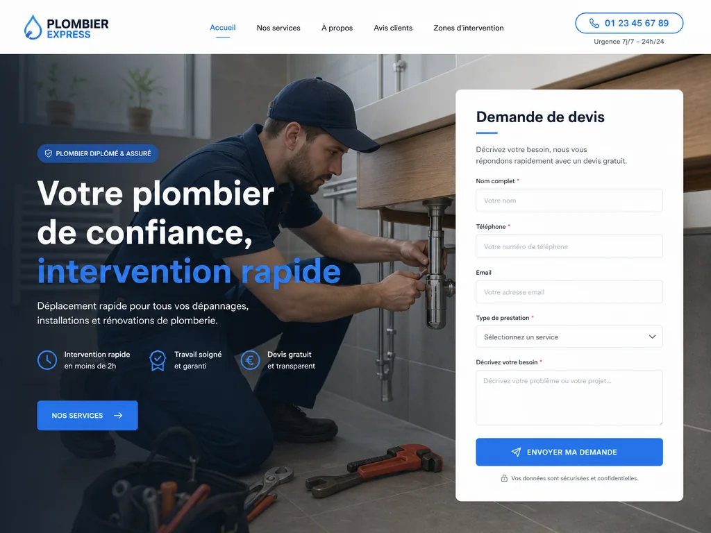 Exemple de landing page pour un plombier, ton bleu professionnel avec formulaire de devis