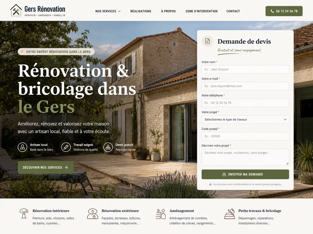 Exemple de landing page pour une entreprise de rénovation intérieure, ambiance dorée élégante