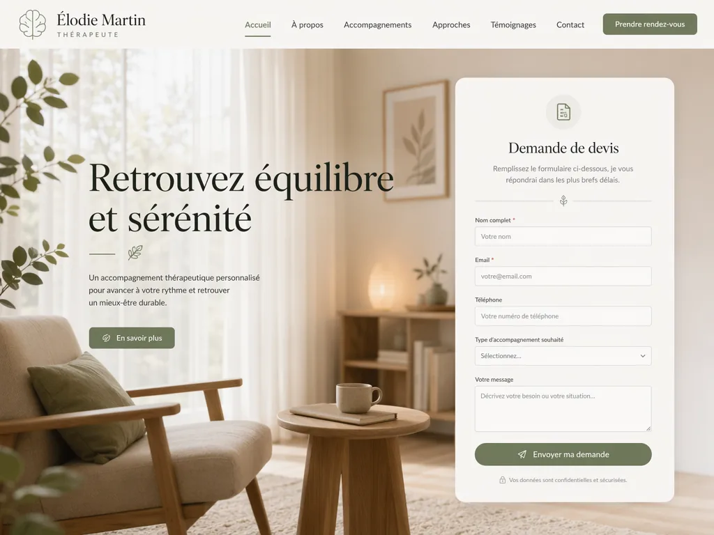 Exemple de landing page pour une thérapeute, ambiance douce et apaisante