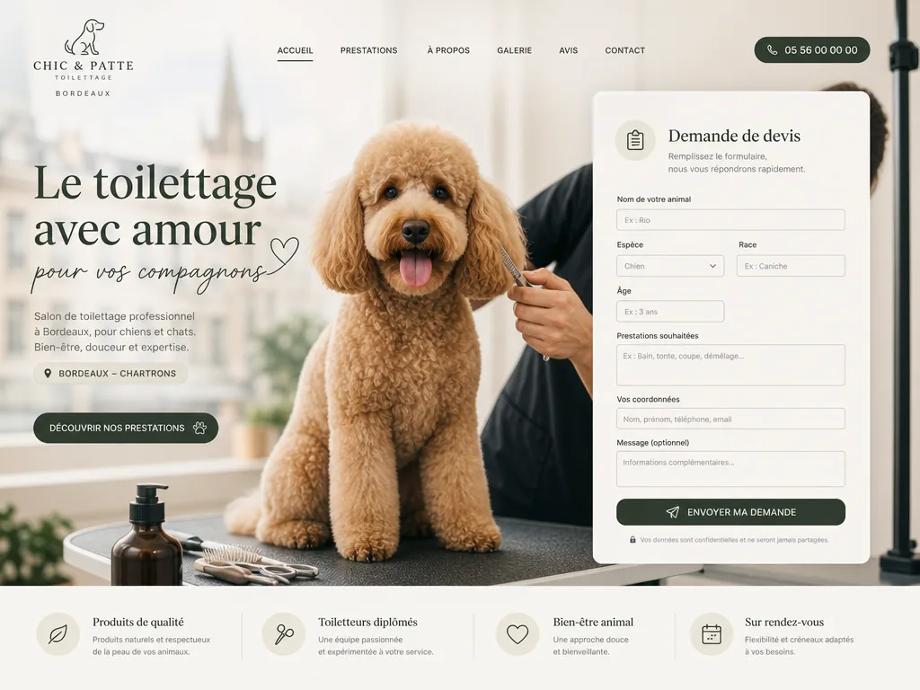 Exemple de landing page pour un toiletteur animalier